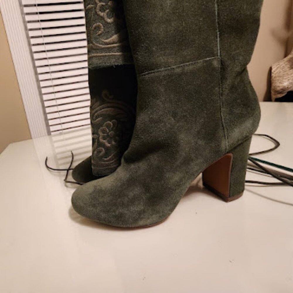 Nanette Lepore Green Suede Embroidered Heeled Boots - Picture 9 of 10